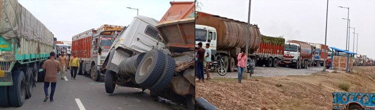 बिना बेरीकेट्स लगाये वाहन चैकिंग, लापरवाही से हुआ सड़क हादसा, सवा घंटे तक हाईवे जाम